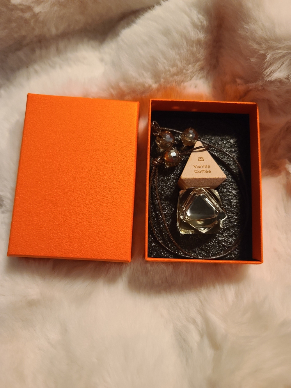 Vanilla Coffee Scented Car Diffuser Necklace in Orange Gift Box
